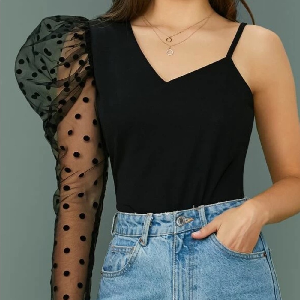 Asymmetrical Neck Mesh Sleeve Top